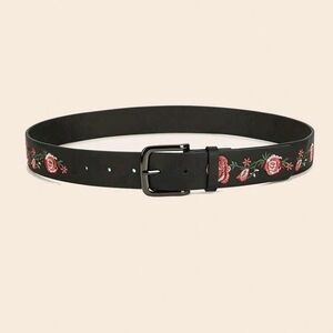 Boho Black Red Floral Embroidered Buckle Faux Leather Belt